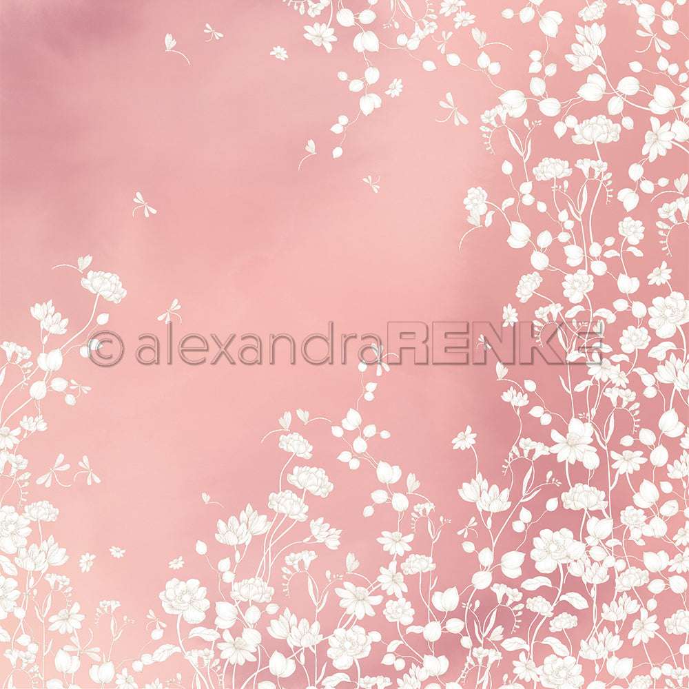 Weiße Blumensilhouetten auf zartrosafarbenem Papier von Alexandra Renke - zarte Blüten und Blätter säumen die Ränder und machen es zum perfekten Designpapier für Papierprojekte und Fans von eleganten weißen Blumendesigns.