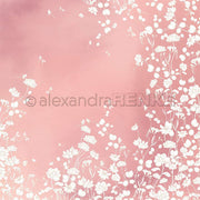 Weiße Blumensilhouetten auf zartrosafarbenem Papier von Alexandra Renke - zarte Blüten und Blätter säumen die Ränder und machen es zum perfekten Designpapier für Papierprojekte und Fans von eleganten weißen Blumendesigns.