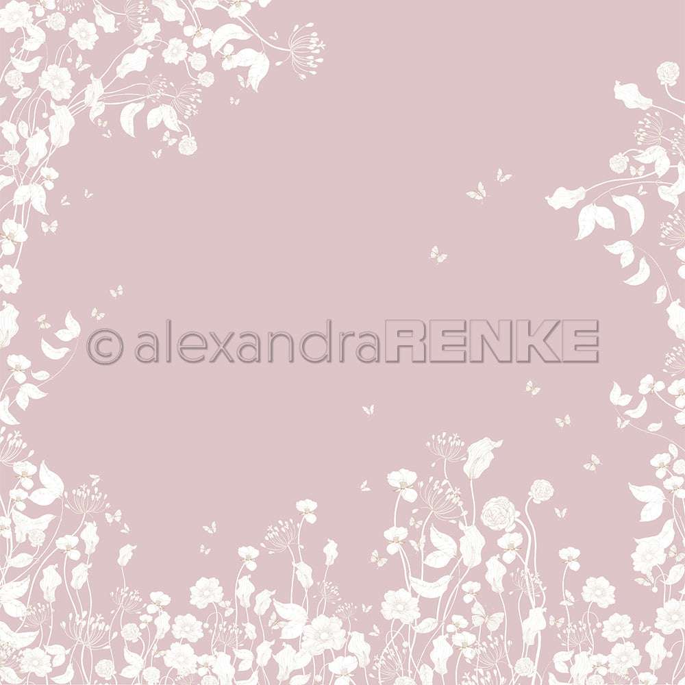 Zarte Blumensilhouetten umrahmen einen staubrosa Hintergrund von Alexandra Renke Designpapier mit Schmetterlingen und Leerraum in der Mitte - ideal für Papierprojekte oder Buchbinderei-Kreationen.