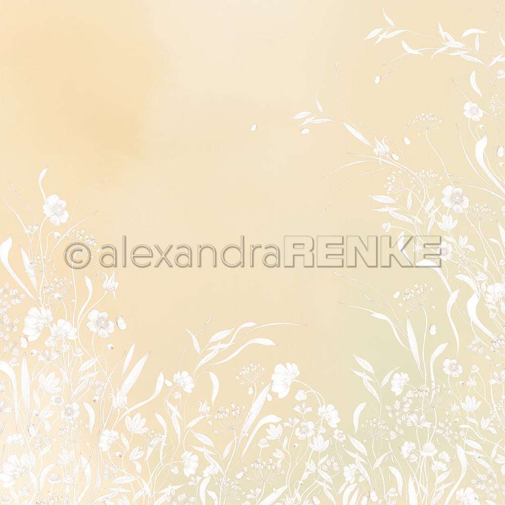 Hellbeiger Hintergrund mit zarten weißen Blumen- und Blattillustrationen am Boden und an den Seiten - perfekt für Ihre Papierprojekte oder Buchbinderei mit Ihrem Lieblingsdesignpapier von Alexandra Renke.