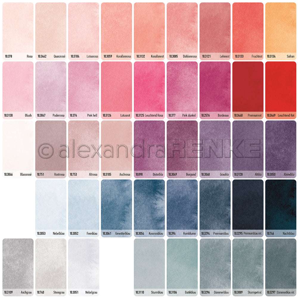 Eine Farbkarte von Alexandra Renke mit 40 rechteckigen Mustern in Rosa-, Rot-, Grau-, Blau- und Grüntönen - perfekt für Designpapier oder zum Basteln von einzigartigen Grußkarten.
