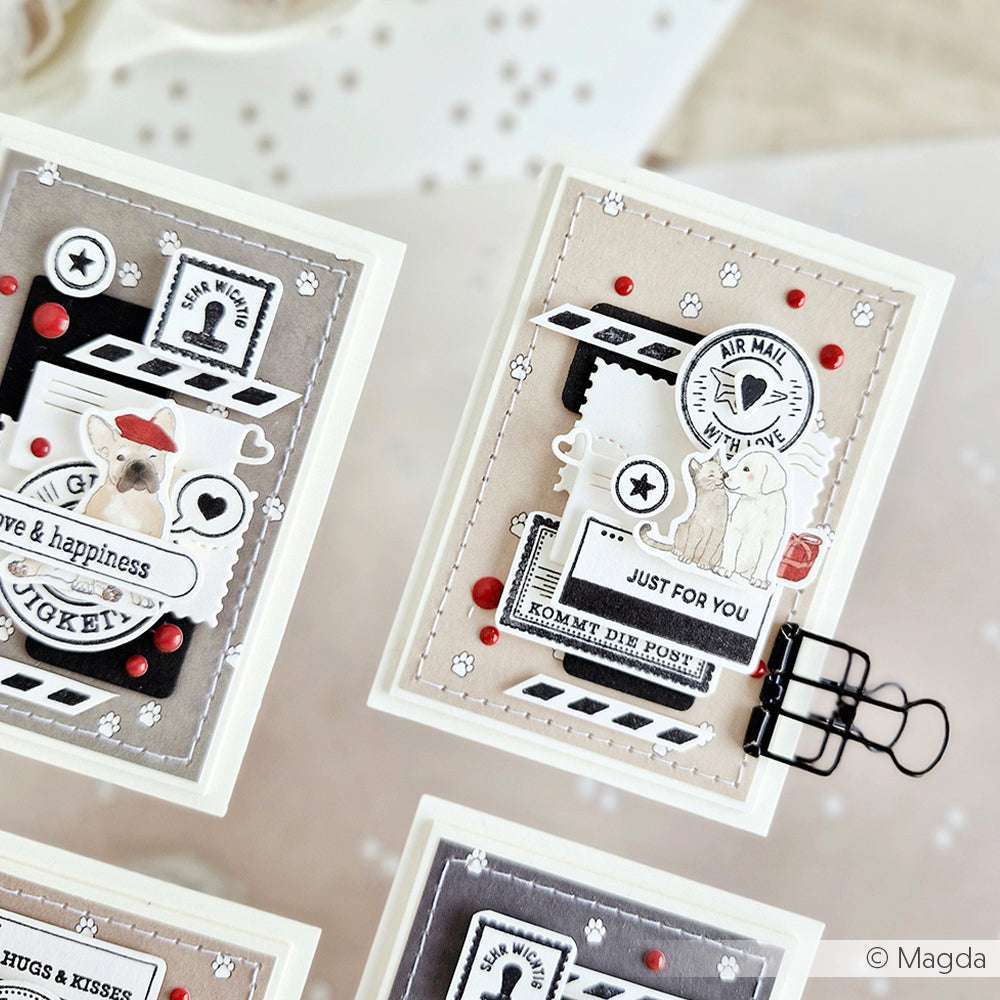 Handgemachte Grußkarten von Alexandra Renke mit Hunde- und Postmotiven, Stempeln, roten Punkten und dekorativen Lagen auf hochwertigem Designpapier - ideal für einzigartige Papierprojekte oder Buchbinderei-Inspiration.