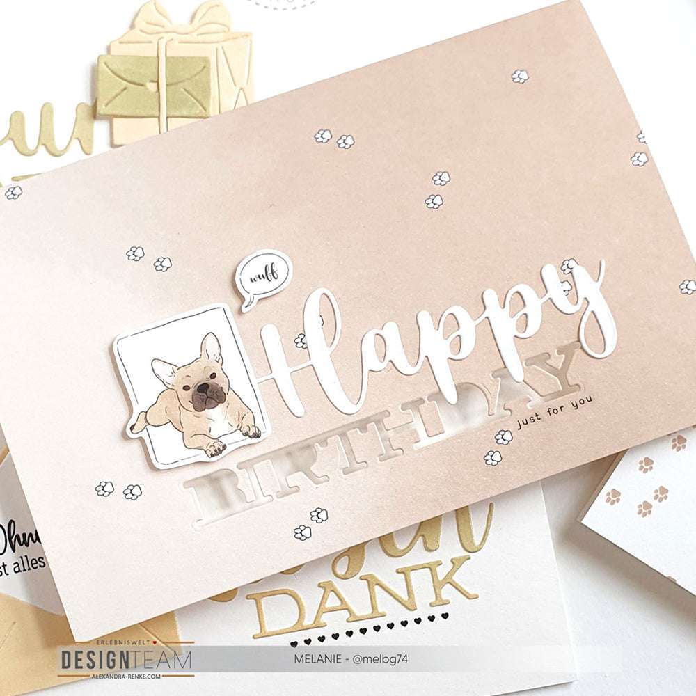 Grußkarte von Alexandra Renke mit einer französischen Cartoon-Bulldogge, "Happy"-Text und BIRTHDAY-Ausschnitt - ideal für Papierprojekte oder zum Hinzufügen einzigartiger Designpapier-Elemente.