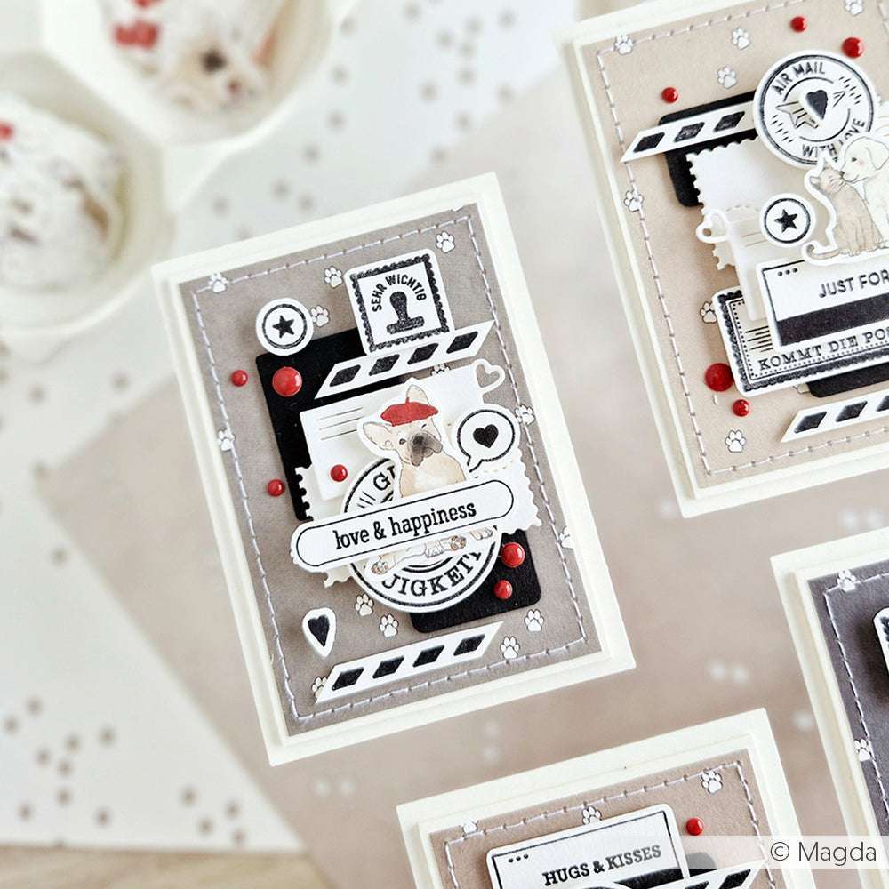 Handgefertigte Karte von Alexandra Renke mit einem Hund mit rotem Hut, dem Text "Love & Happiness" und Akzenten zum Thema Post - ideal für Basteln-Fans, die einzigartige Papierprojekte und charmante Designpapier-Details lieben.