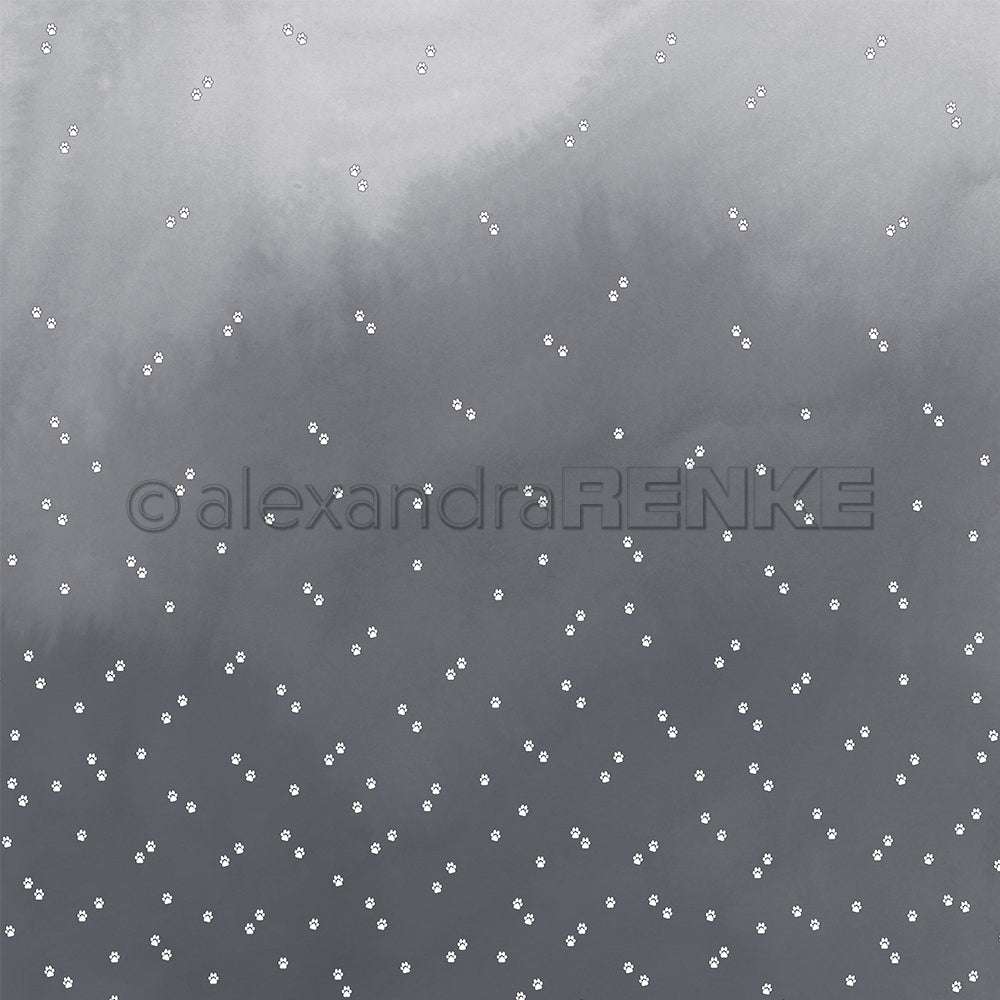 Grauer Verlaufshintergrund mit kleinen, gleichmäßig verteilten weißen Punkten, die an fallenden Schnee oder Sterne erinnern - ideal für Papierprojekte wie Grußkarten oder einzigartiges Designpapier, von Alexandra Renke.