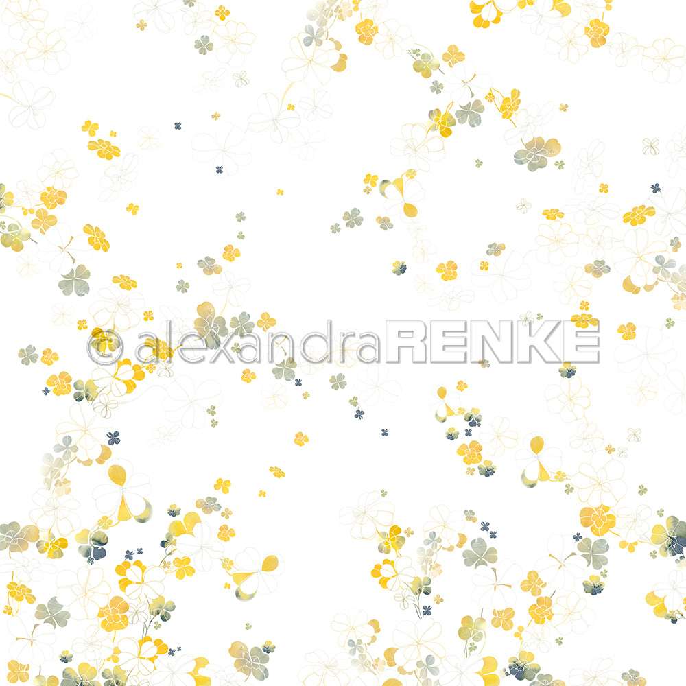 Zartes gelbes und graues Blumenmuster mit hellen Blüten auf Weiß von Alexandra Renke - ideales Designpapier für Papierprojekte oder Buchbinderei.