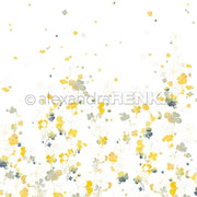 Ein gelbes, graues und grünes Blumenmuster auf Weiß sorgt für eine leichte, luftige Atmosphäre - perfekt für Papierprojekte oder kreative Buchbinderei-Ideen von Alexandra Renke.