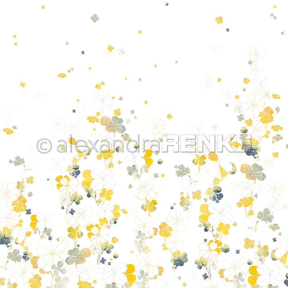 Ein gelbes, graues und grünes Blumenmuster auf Weiß sorgt für eine leichte, luftige Atmosphäre - perfekt für Papierprojekte oder kreative Buchbinderei-Ideen von Alexandra Renke.