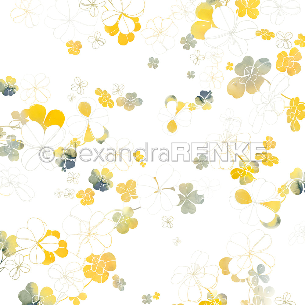 Gelbe, graue und weiße Glücksklee-Formen in Aquarelloptik sind auf einem weißen Hintergrund verstreut – das perfekte Designpapier von Alexandra Renke für all Ihre Papierprojekte.