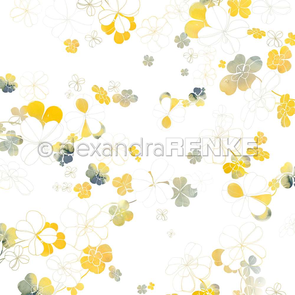 Gelbe, grüne und weiße Aquarellkleeblätter und Blumen auf weißem Hintergrund - perfektes Designpapier von Alexandra Renke für Papierprojekte oder kreative Buchbinderei.