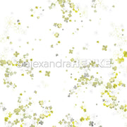 Zarte hellgrüne und gelbe Kleeblätter auf Weiß bilden ein luftiges Muster - ideal für Papierprojekte oder als Grünes Glücksklee-Gestöber Designpapier von Alexandra Renke.