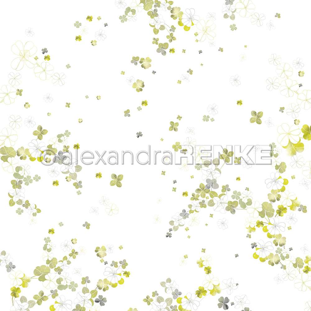 Zarte hellgrüne und gelbe Kleeblätter auf Weiß bilden ein luftiges Muster - ideal für Papierprojekte oder als Grünes Glücksklee-Gestöber Designpapier von Alexandra Renke.