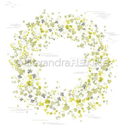 Ein kreisförmiger Kranz aus grünen und gelben vierblättrigen Kleeblättern auf Weiß, ideal zum Verschönern von Grußkarten oder als Inspiration für Designpapier-Kreationen. Von Alexandra Renke.