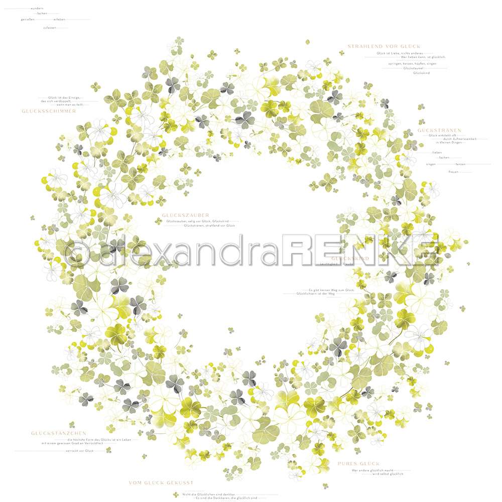 Ein kreisförmiger Kranz aus grünen und gelben vierblättrigen Kleeblättern auf Weiß, ideal zum Verschönern von Grußkarten oder als Inspiration für Designpapier-Kreationen. Von Alexandra Renke.
