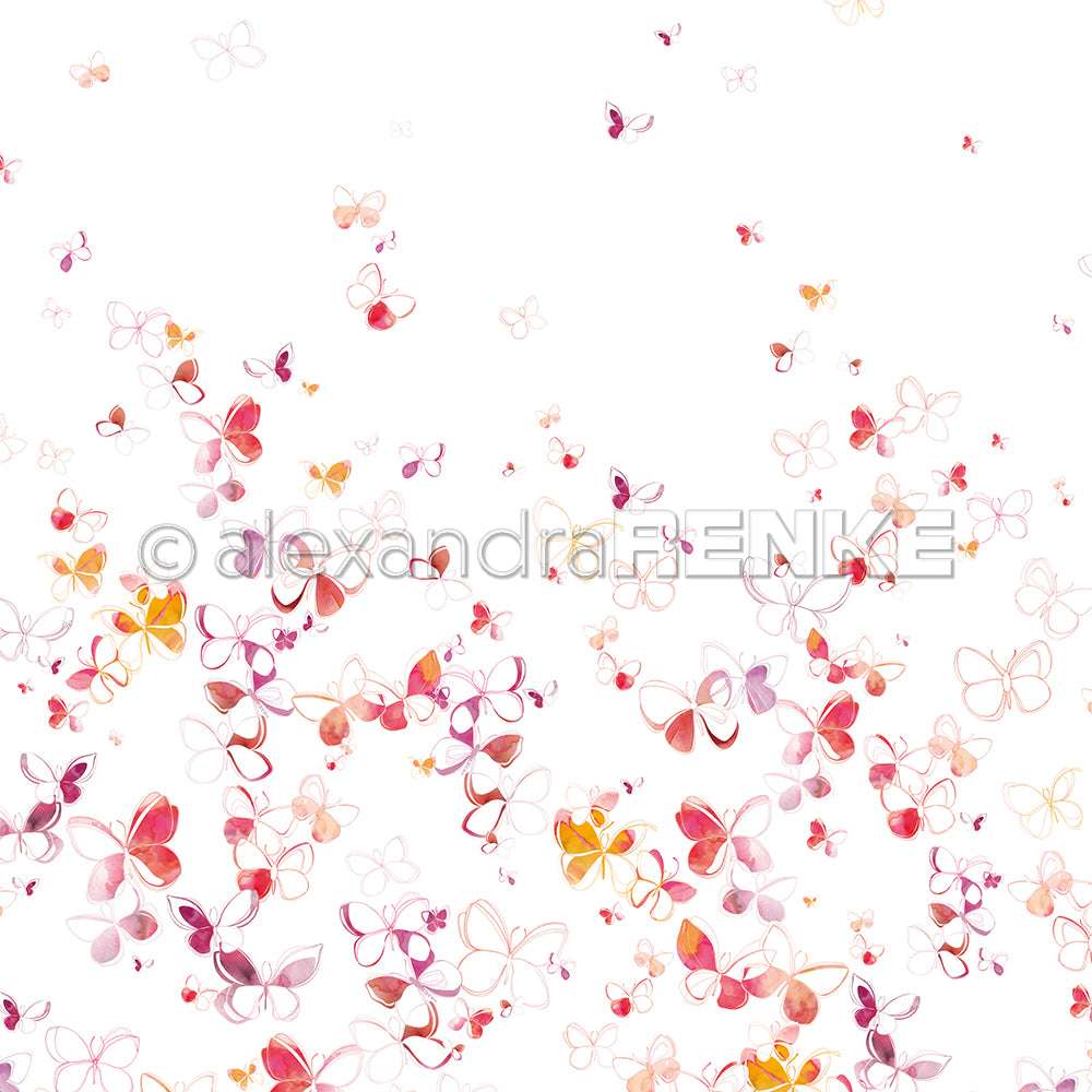 Pastellfarbene Schmetterlinge in Rosa, Orange und Gelb flattern über einen weißen Hintergrund - Alexandra Renke Designpapier, perfekt für Grußkarten oder kreative Papierprojekte.