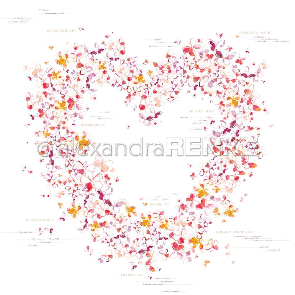 Schmetterlinge in Rosa, Orange und Gelb bilden ein Herz auf Weiß - eine ideale Inspiration für Papierprojekte oder als charmantes Designpapier-Motiv von Alexandra Renke.
