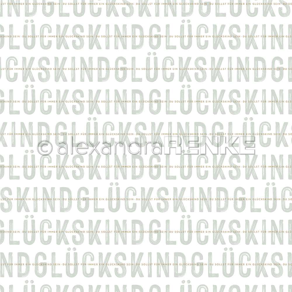 Muster aus wiederholtem grauen "GLÜCKSKIND" mit kleinen goldenen "GLÜCKS ELTERN" auf weißem Grund - ideales Designpapier für Papierprojekte oder einzigartige Karten von Alexandra Renke.