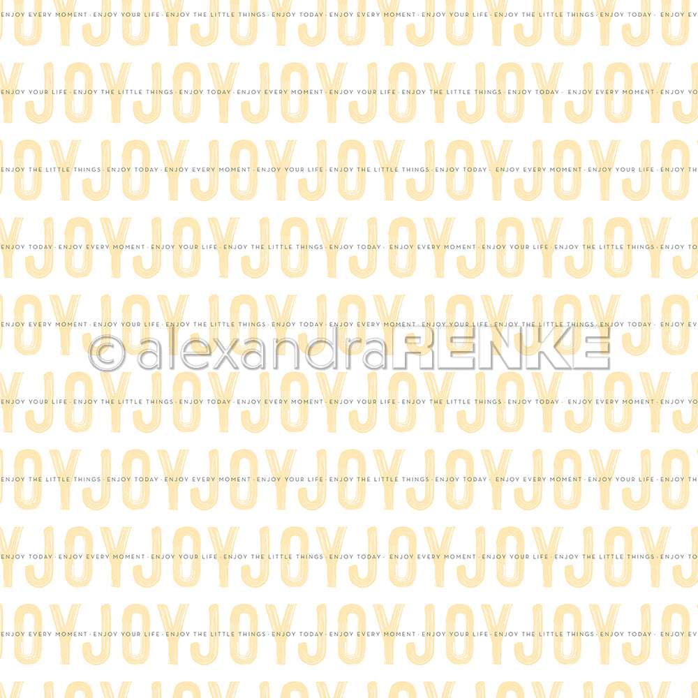 Wiederkehrendes "JOY" in Gelb mit kleinem "Genieße die kleinen Dinge des Lebens" Text-perfektes Designpapier von Alexandra Renke für Grußkarten oder Papierprojekte.