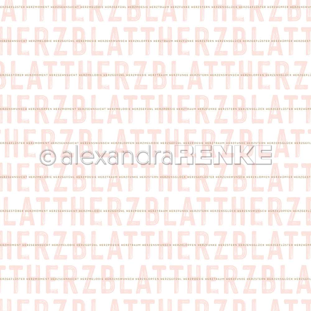 Gemusterter Hintergrund mit großem, verblasstem HERZBLATT-Text und Wasserzeichen @alexandraRENKE-ideal für Grußkarten, Papierprojekte oder als einzigartiges Designerpapier von Alexandra Renke.