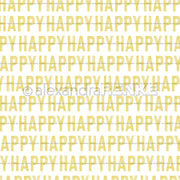 Gelber Text buchstabiert wiederholt HAPPY in einem Muster auf weißem Hintergrund. Dieses Alexandra Renke Papier ist ideal für Papierprojekte oder als fröhliches Designpapier für Grußkarten.