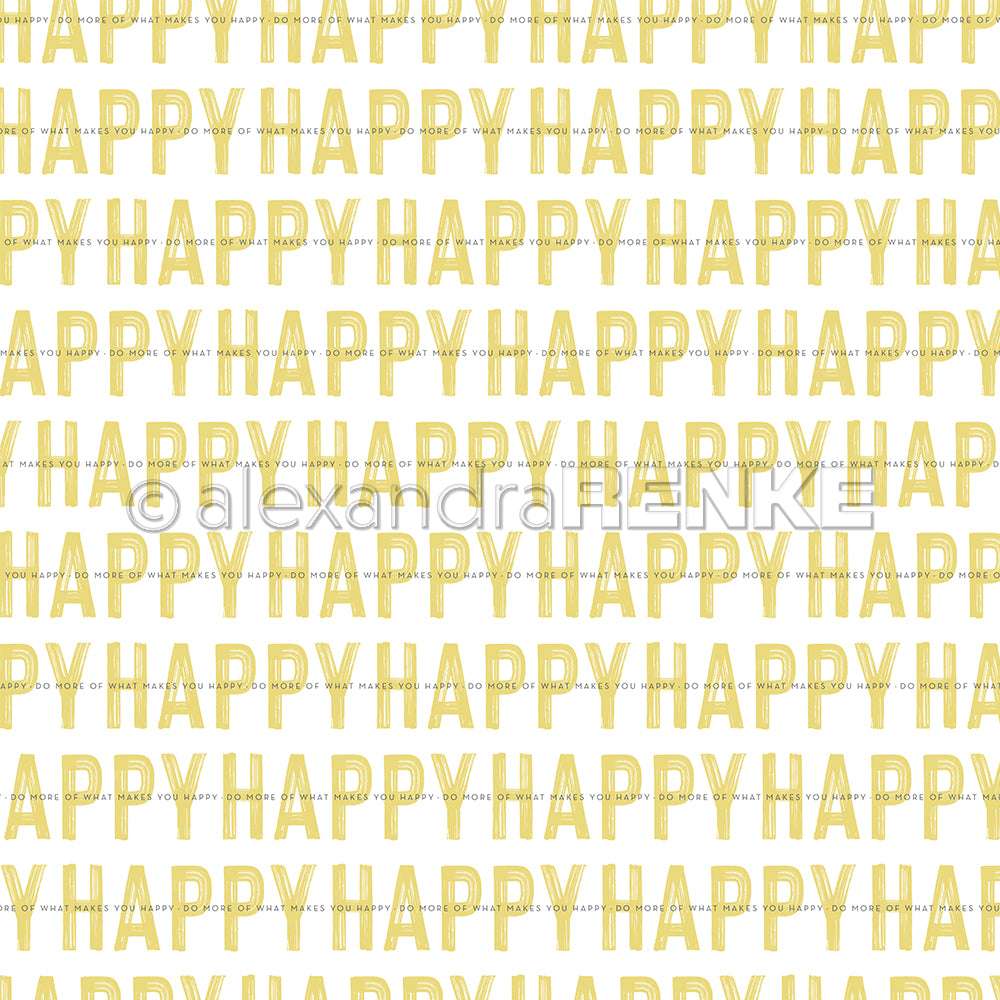 Gelber Text buchstabiert wiederholt HAPPY in einem Muster auf weißem Hintergrund. Dieses Alexandra Renke Papier ist ideal für Papierprojekte oder als fröhliches Designpapier für Grußkarten.