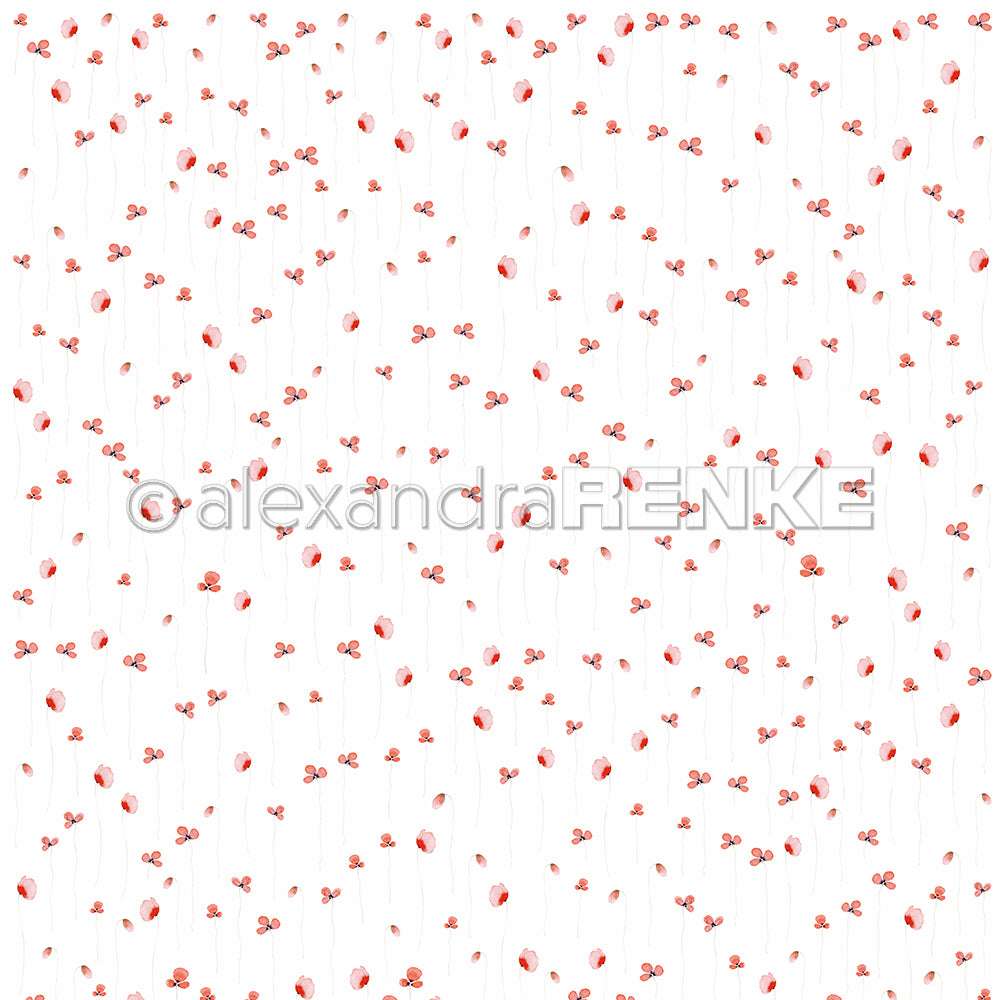 Kleine rote aquarellierte Mohnblüten von Alexandra Renke sind in einem sich wiederholenden Muster auf Weiß verstreut, ideal für Papierprojekte oder als einzigartiges Designpapier.