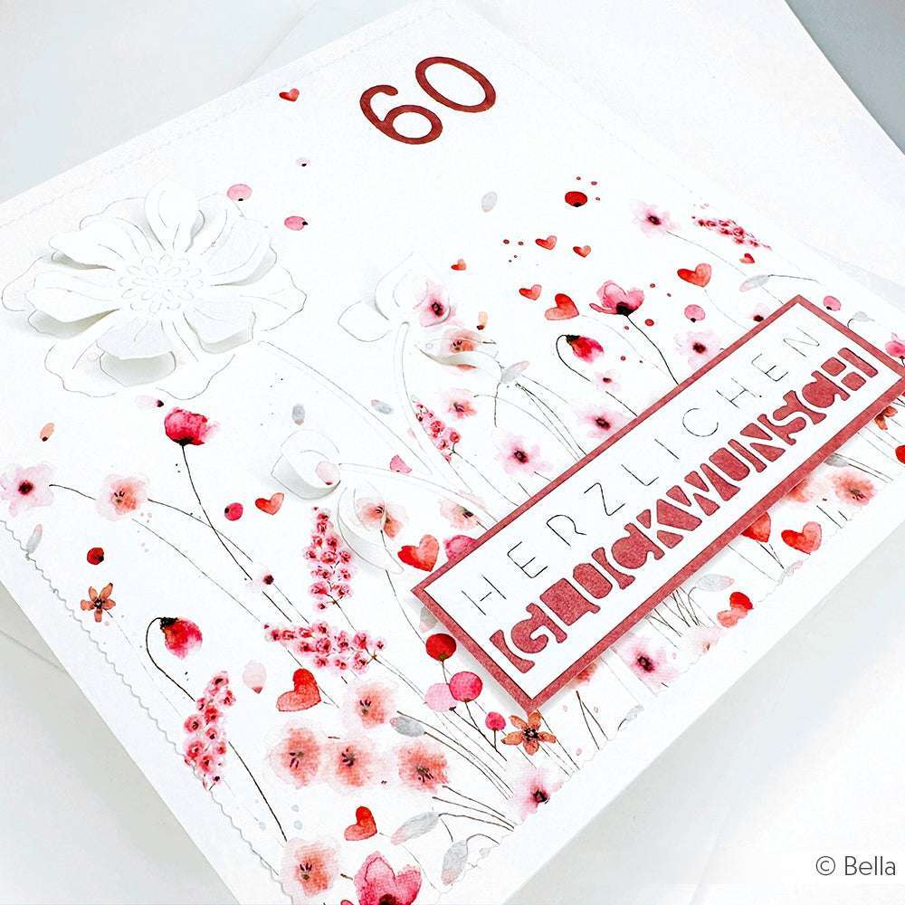 Handgemachte Karte von Alexandra Renke mit "60" und "Herzlichen Glückwunsch", roten Blumen, Herz-Akzenten auf hochwertigem Designpapier - perfekt für zarte Papierprojekte wie die Zarte Blütenwiese.