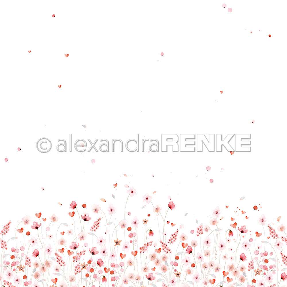Zarte Aquarell-Wildblumen und kleine Herzen am unteren Rand auf überwiegend weißem Hintergrund von Alexandra Renke - perfekt für Papierprojekte wie Grußkarten oder individuelles Designpapier.