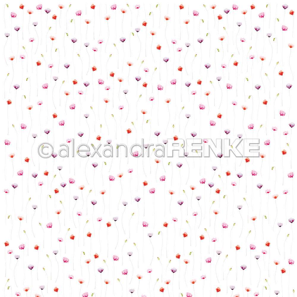Zarte rote, rosafarbene und lilafarbene feine Mohnblüten mit grünen Stielen verstreuen sich auf einem weißen Hintergrund in diesem eleganten Designpapier von Alexandra Renke - perfekt für Papierprojekte.