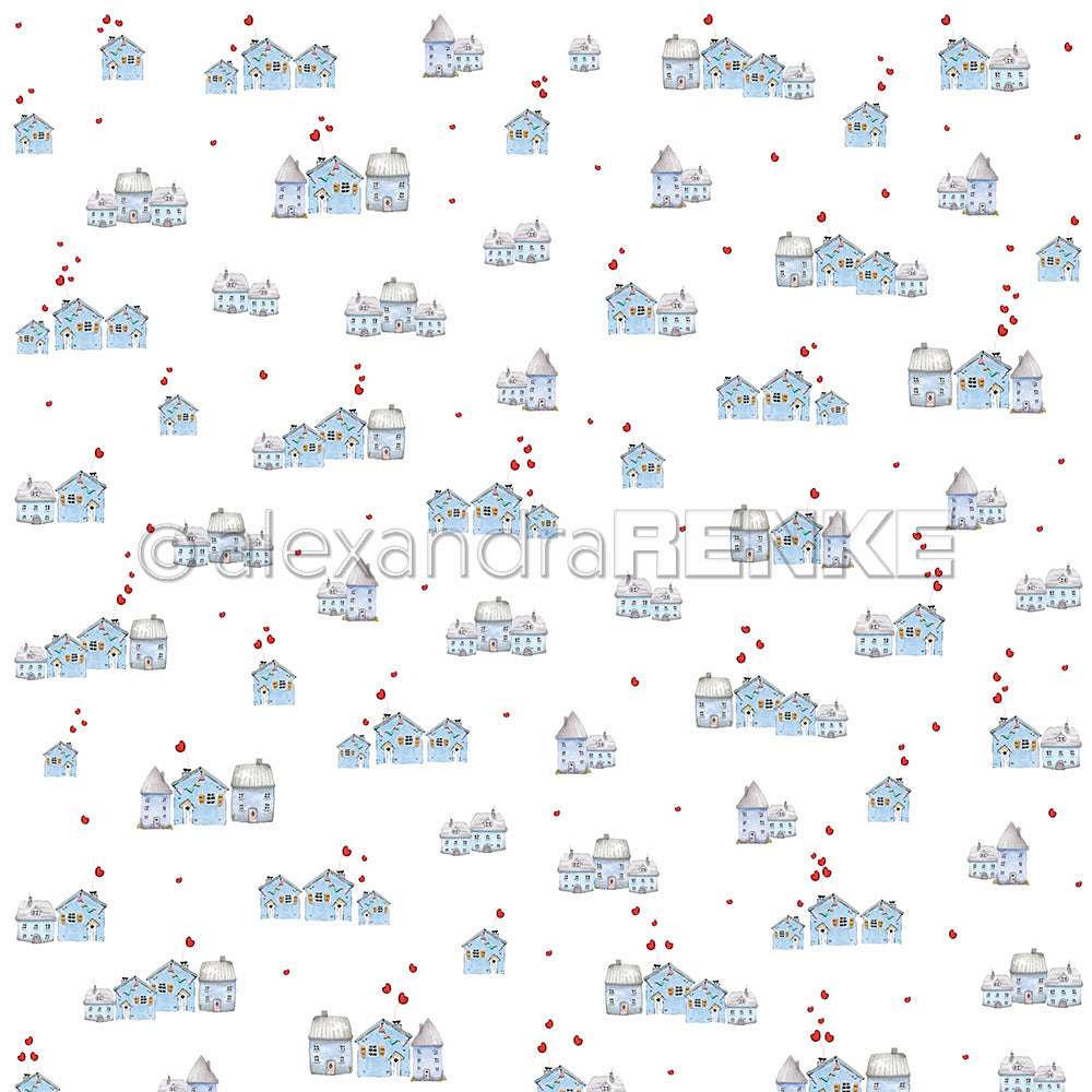 Muster aus kleinen blauen Häusern und winzigen roten Herzen auf weißem Untergrund - perfektes Alexandra Renke Designpapier für Grußkarten oder Papierprojekte.
