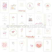 Eine Collage aus pastellfarbenen, floralen Grußkarten von Alexandra Renke mit deutschen Sprüchen, Herzen und zarten Aquarellmotiven - ideal für Papierprojekte oder zum Auslegen Ihres Lieblingsdesignpapiers.