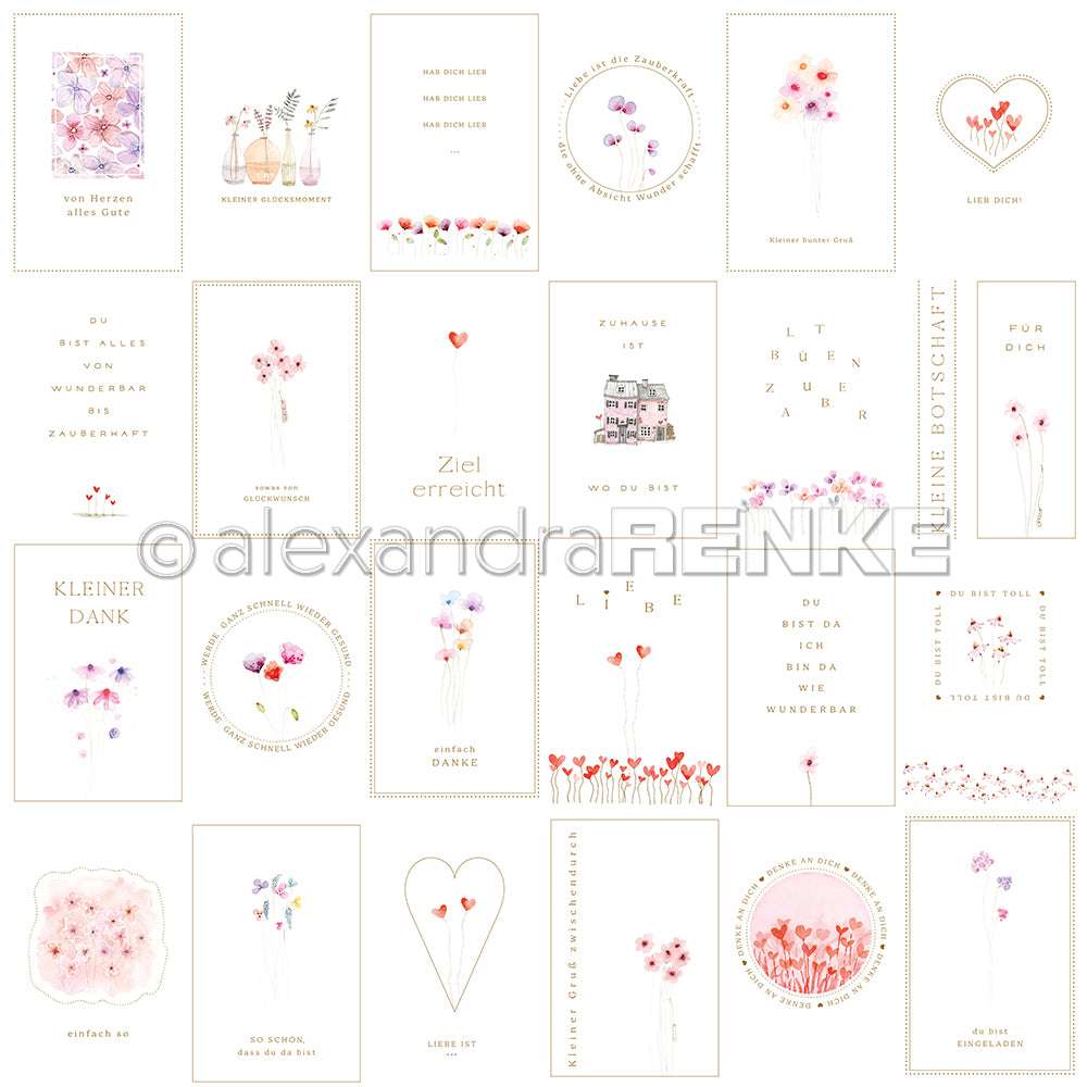 Eine Collage aus pastellfarbenen, floralen Grußkarten von Alexandra Renke mit deutschen Sprüchen, Herzen und zarten Aquarellmotiven - ideal für Papierprojekte oder zum Auslegen Ihres Lieblingsdesignpapiers.