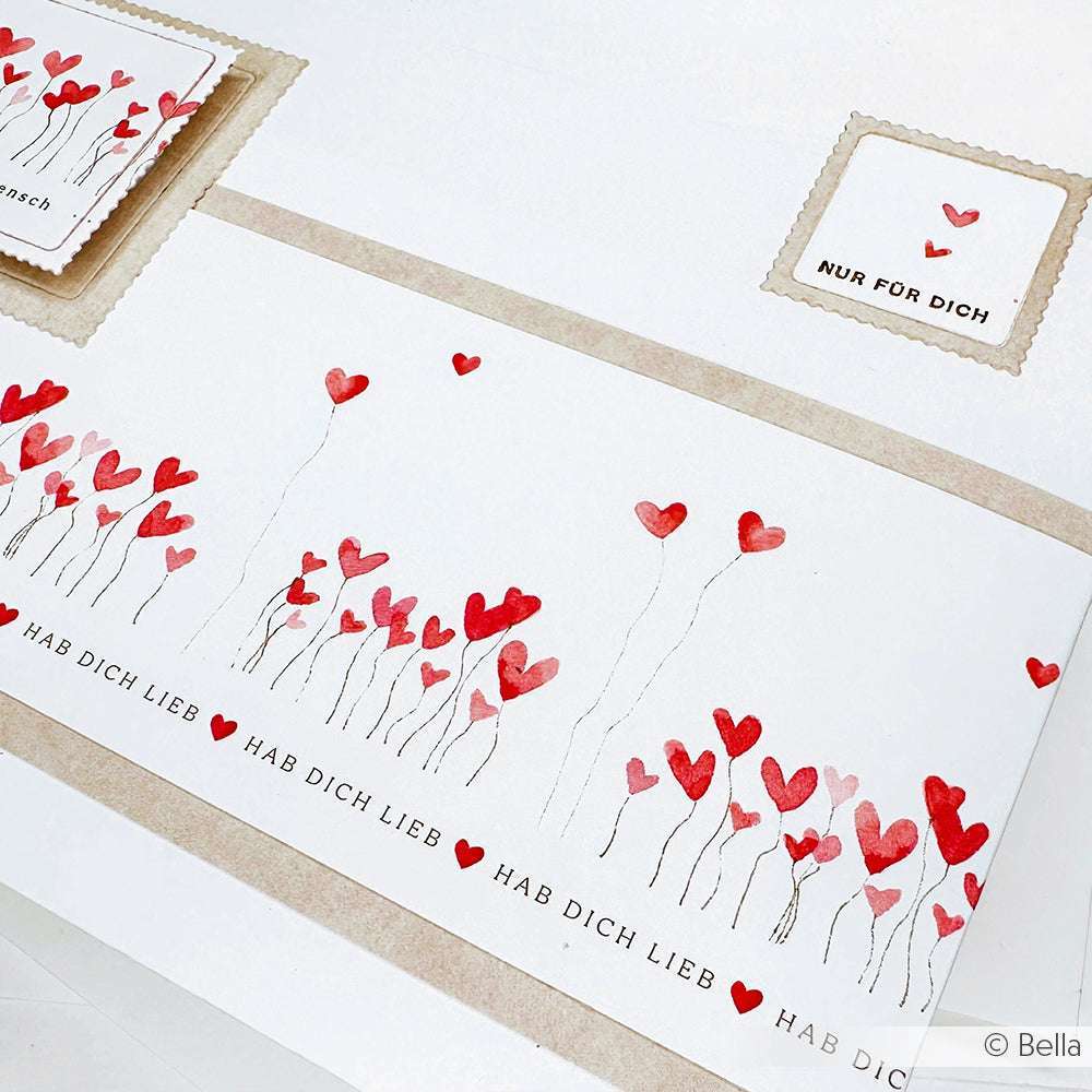 Handgefertigte Alexandra Renke Karte mit herzförmigen Blumen und den Texten "HAB DICH LIEB" und "NUR FÜR DICH", hergestellt aus liebevoll ausgewähltem Designpapier - perfekt für besondere Papierprojekte.