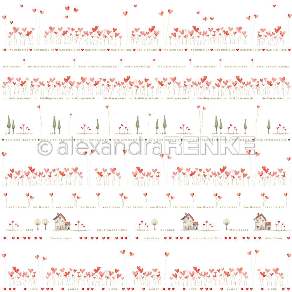 Rote Herzblumen, kleine Häuser und Bäume mit deutschem Text auf weißem Grund - dieses Designpapier von Alexandra Renke ist perfekt für Grußkarten und Papierprojekte.