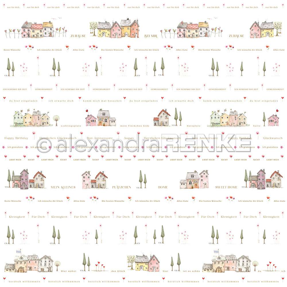 Skurrile Reihen von pastellfarbenen Häusern, Bäumen und Herzen mit deutschen und englischen Wörtern bilden ein bezauberndes Designpapier von Alexandra Renke, das sich dank seines reizvollen Rapportmusters ideal zum Buchbinden oder für Papierprojekte eignet.