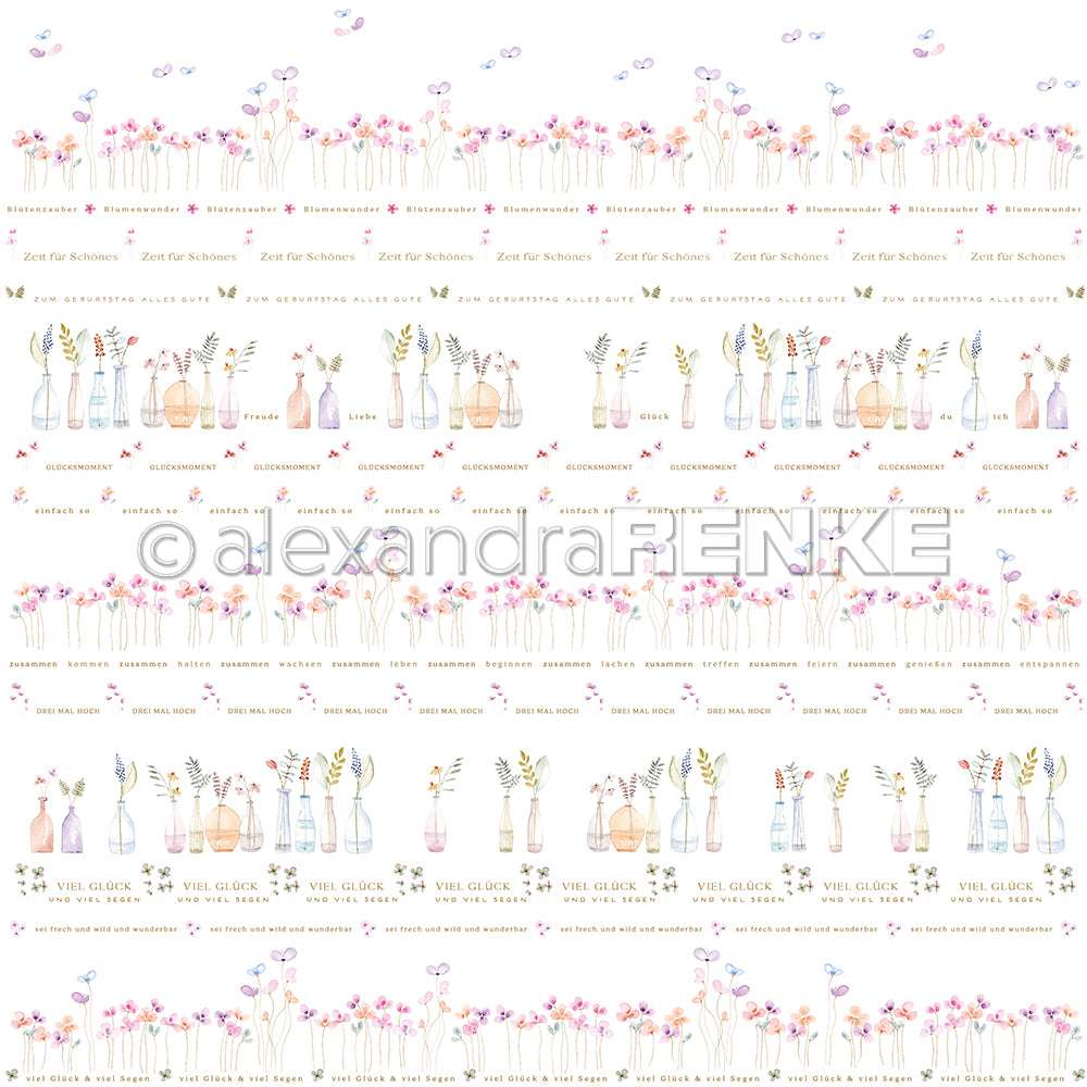 Muster mit pastellfarbenen Blumen, Schmetterlingen und dekorativen Vasen, akzentuiert durch deutschen Text auf weißem Hintergrund - ideales Designpapier von Alexandra Renke für Grußkarten oder Papierprojekte.