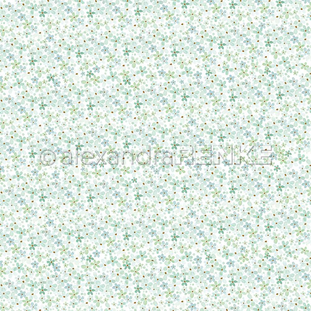 Hellgrüne und blaue Blütenmuster türkis-mint auf weiß bilden ein zartes, sich wiederholendes Muster - perfektes Designpapier von Alexandra Renke für Ihre Papierprojekte.