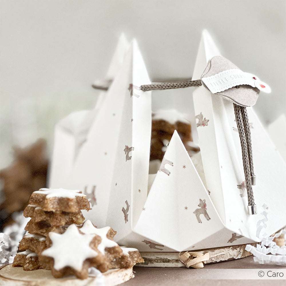 Weißer Origami-Stern aus Alexandra Renke Designpapier mit Rentiermotiven, einem grauen Anhänger und gestapelten sternförmigen Keksen - ideal für festliche Papierbastelprojekte.