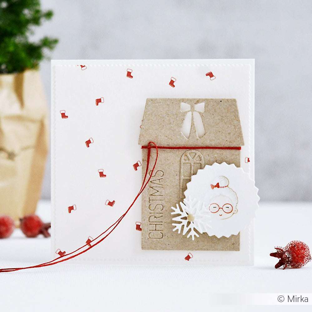 Handgemachte Weihnachtskarte von Alexandra Renke mit Haus, roter Schnur, Schneeflocke und süßem Weihnachtsmanngesicht - ideal für Grußkarten oder festliche Papierprojekte mit Designpapier Weihnachten.