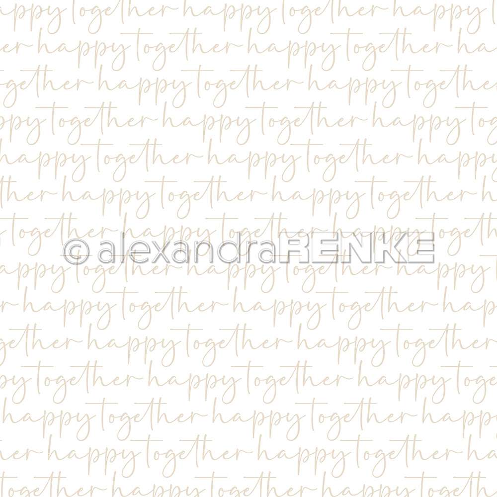 Sich wiederholender beiger Schriftzug "happy together" auf Weiß in Handschrift - ideal für Grußkarten oder einzigartige Papierprojekte. Designpapier von Alexandra Renke.