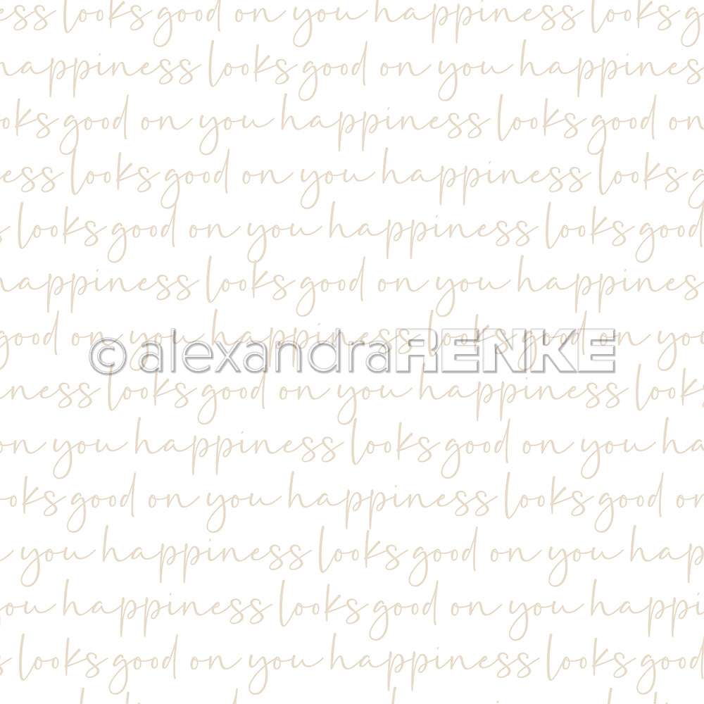 Die handgeschriebene Schrift wiederholt "Glück steht dir gut" in sanftem Beige auf weißem Designpapier von Alexandra Renke, um die Kreativität für deine nächsten Papierprojekte zu inspirieren.