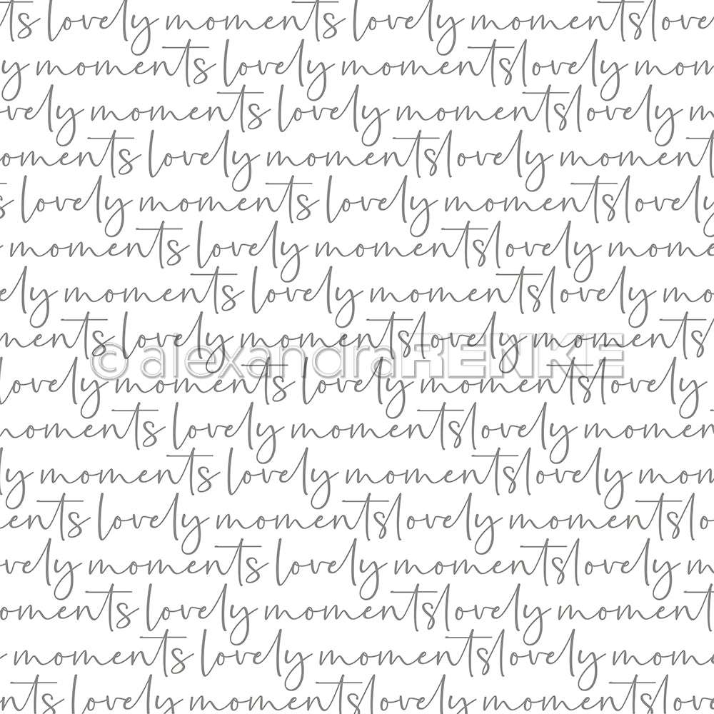 Handschriftliche Schrift mit "lovely moments" in Grau auf Weiß, nahtloses Muster von Alexandra Renke - ideal für Karten, Designpapier und kreative Papierprojekte.