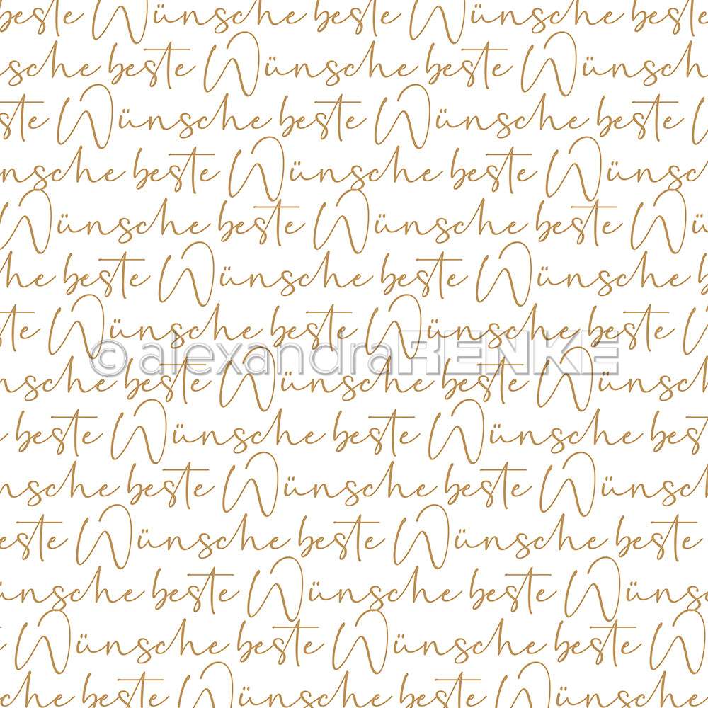 Nahtloses Muster von Alexandra Renke mit den handgeschriebenen deutschen Worten "Wünsche beste" in Braun auf Weiß - ideal für Designpapier oder buchbinderische Projekte wie Grußkarten.