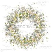 Ein Kranz aus Tannenzweigen, Blättern und Tannenzapfen in einem kreisförmigen Muster auf weißem Hintergrund - perfekt für Alexandra Renke Papierprojekte oder kreative Buchbinderei-Designs.