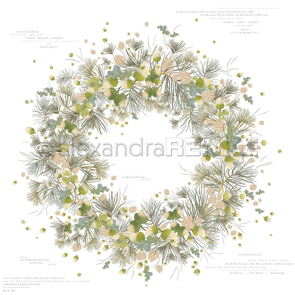 Ein Kranz aus Tannenzweigen, Blättern und Tannenzapfen in einem kreisförmigen Muster auf weißem Hintergrund - perfekt für Alexandra Renke Papierprojekte oder kreative Buchbinderei-Designs.