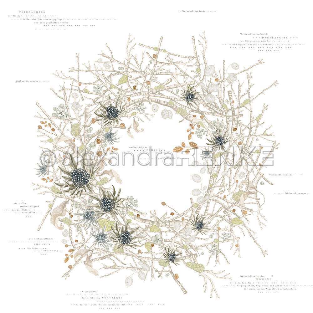 Zarter Winterkranz von Alexandra Renke mit Zweigen, Blättern, Disteln und Beeren auf weißem Hintergrund - ideal für Papierprojekte oder um Ihrer nächsten Designpapierkreation eine einzigartige Note zu verleihen.