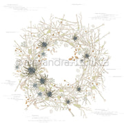 Zarter Winterkranz von Alexandra Renke mit Zweigen, Blättern, Disteln und Beeren auf weißem Hintergrund - ideal für Papierprojekte oder um Ihrer nächsten Designpapierkreation eine einzigartige Note zu verleihen.