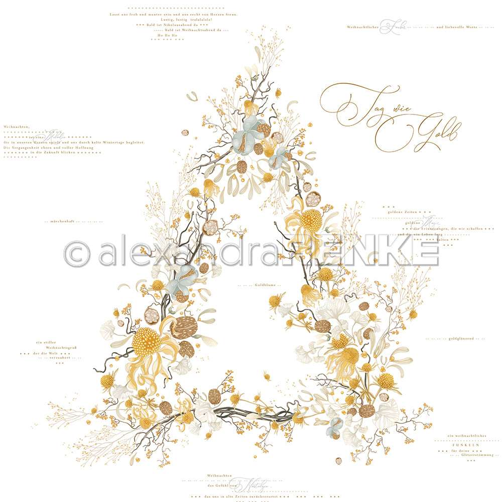 Ein großer Buchstabe A aus goldenen und weißen Blumen, Blättern und Pflanzen auf Weiß - perfekt, um Papierprojekte zu inspirieren oder Ihrer Buchbinderei mit dem schönen Designpapier von Alexandra Renke Eleganz zu verleihen.
