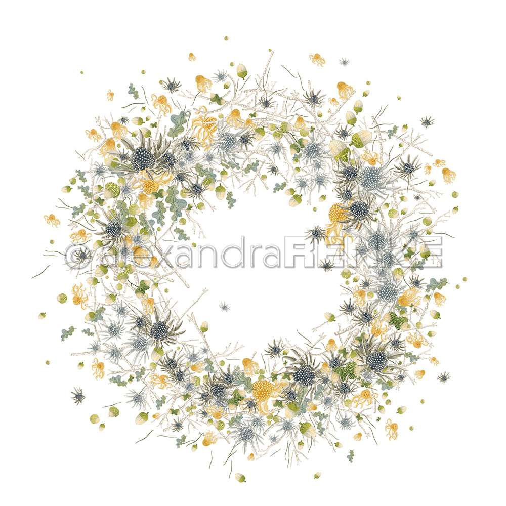 Zarter Blumenkranz von Alexandra Renke mit gelben, grünen und grauen Blüten und Blättern auf weißem Hintergrund - ideal für Papierprojekte oder zum Verzieren von Grußkarten.