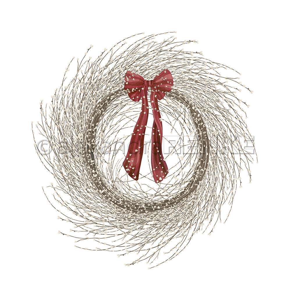 Ein Zweigkranz von Alexandra Renke mit einer roten Schleife aus gepunktetem Band, ideal für Papercraft-Projekte wie Grußkarten, vor einem weißen Hintergrund.